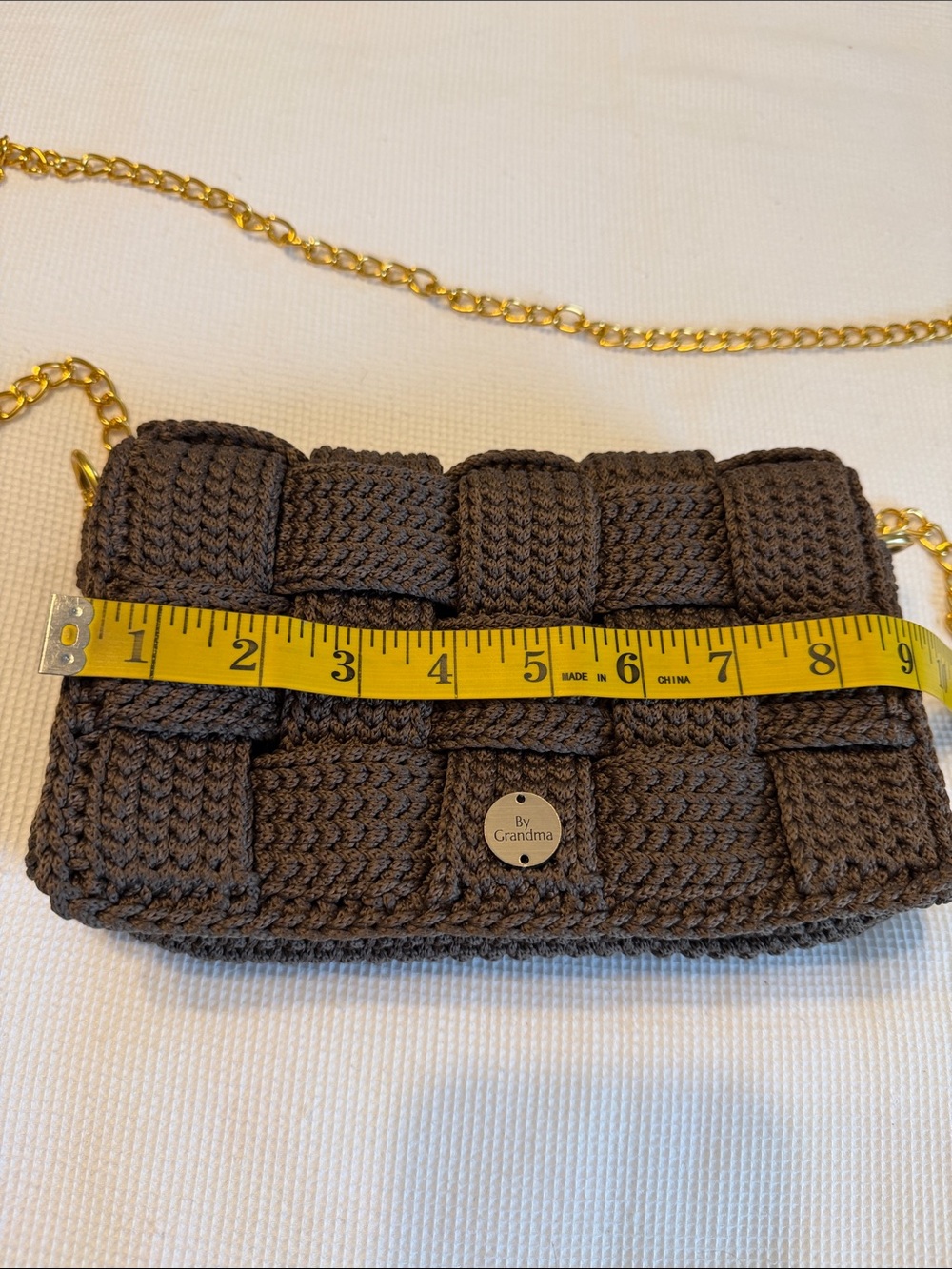 Handmade Woven Crochet Crossbody Bag - Brown and Golden Chain - Picture 12 of 15